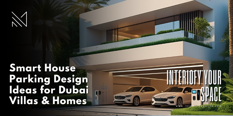 Modern Dubai villa with dual car parking bay and branded article overlay from Interiofy Spaces